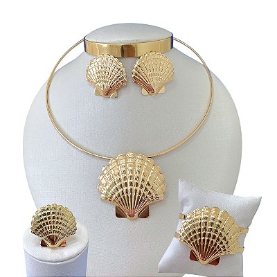 Conjunto Aro Bijuteria Dourado e Prata Sereismo Concha