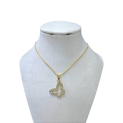 Colar Folheado Ouro 18k Borboleta Vazada Strass