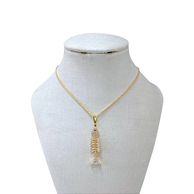 Colar Folheado Ouro 18k Peixe Cravejado