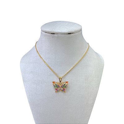 Colar Folheado Ouro 18k Borboleta Cravejada