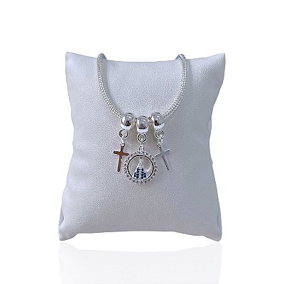 Pulseira Folheada Ouro 18k e Prata 925 Malha Nossa Senhora Cruz Cravejada