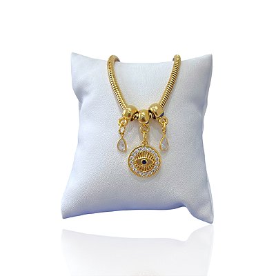 Pulseira Folheada Ouro 18k Malha Olho Grego Ponto de Luz Cravejado