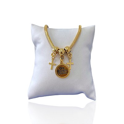 Pulseira Folheada Ouro 18k Malha Ore Espere Confie Cruz