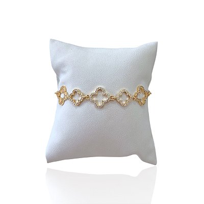 Pulseira Folheada Ouro 18k e Prata 925 Shambala Trevos Cravejado