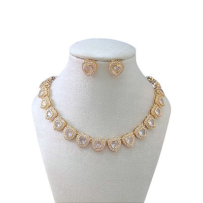 Conjunto Folheado Ouro 18k e Prata 925 Corações Inspired Cravejado