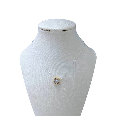 Colar Folheado Ouro 18k e Prata 925 Fio de Silicone Coração passante