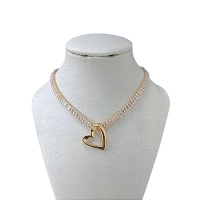 Colar Folheado Ouro 18k e Prata 925 Riviera Coração Vazado
