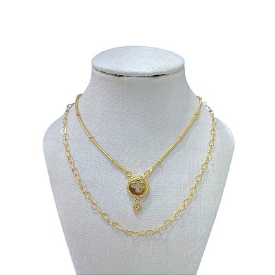 Colar Duplo Folheado Ouro 18k Elos Corações Espírito Santo