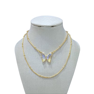 Colar Duplo Folheado Ouro 18k Bolinhas Borboleta Cristal