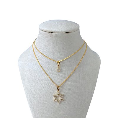 Colar Duplo Folheado Ouro 18k Estrela De Davi Cravejada
