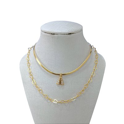 Colar Duplo Folheado Ouro 18k Elos Coração Fita Laminada Nossa Senhora Cravejada