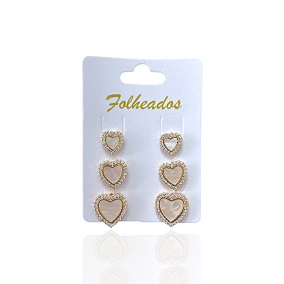 Trio Brincos Folheado Ouro 18k e Prata 925 Coração Madrepérola Cravejado