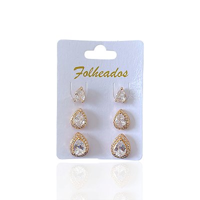 Trio Brincos Folheado Ouro 18k e Prata 925 Gota Cristal Cravejado