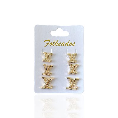 Trio Brincos Folheado Ouro 18k e Prata 925 Inspired LV Cravejado
