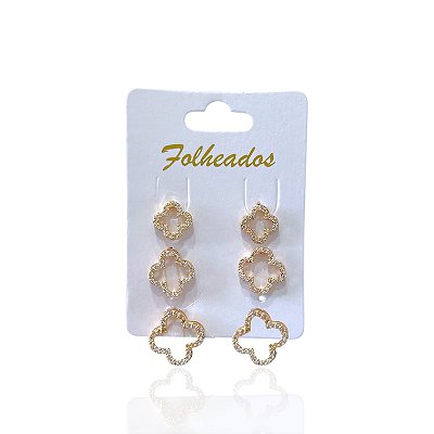 Trio Brincos Folheado Ouro 18k e Prata 925 cm Trevo vazado Inspired Cravejado