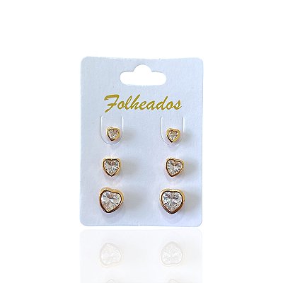 Trio Brincos Folheado Ouro 18k e Prata 925 Coração Cristal