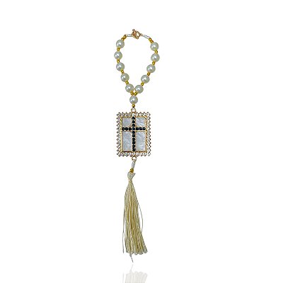 Chaveiro Terço Pérolas Cruz Strass