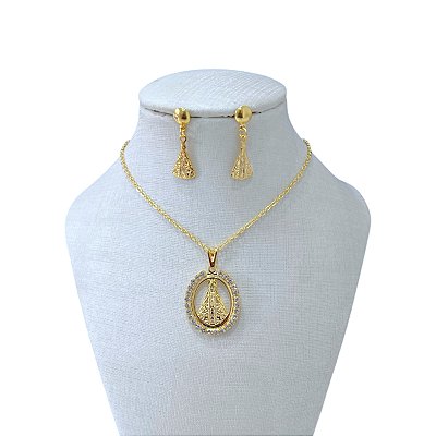 Conjunto Folheado Ouro 18k e Prata 925 Nossa Senhora Strass