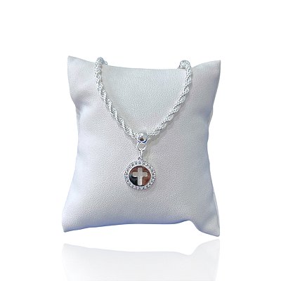 Pulseira Folheada Prata 925 Cordão Baiano Medalha Cruz Cravejada