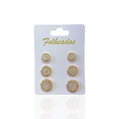 Trio Brincos Folheado Ouro 18k e Prata 925 Redondo Cravejado