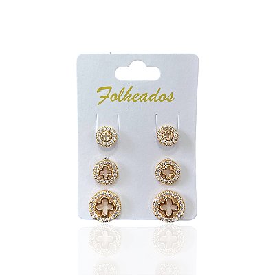Trio Brincos Folheado Ouro 18k e Prata 925 Inspired Redondo Trevo Cravejado