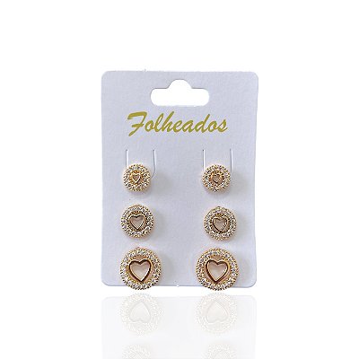 Trio Brincos Folheado Ouro 18k e Prata 925 Redondo Coração Cravejado