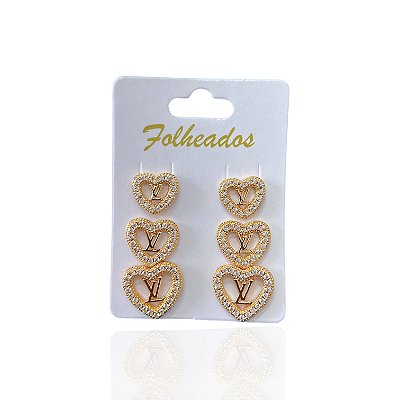 Trio Brincos Folheado Ouro 18k e Prata 925 Coração Inspired LV Cravejado