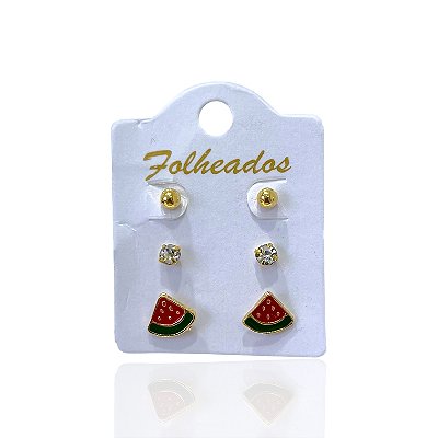Trio Brincos Folheado Ouro 18k e Prata 925 Melancia