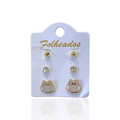 Trio Brincos Folheado Ouro 18k e Prata 925 Coruja