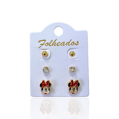 Trio Brincos Folheado Ouro 18k e Prata 925 Minnie