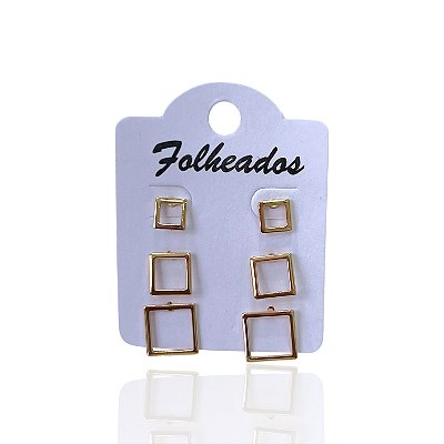Trio Brincos Folheado Ouro 18k e Prata 925 Quadrado