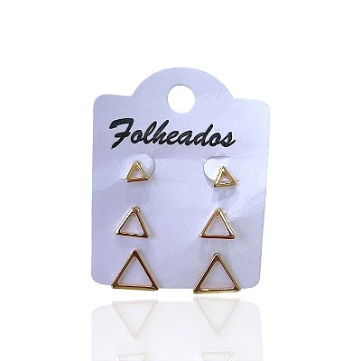 Trio Brincos Folheado Ouro 18k e Prata 925 Triângulo