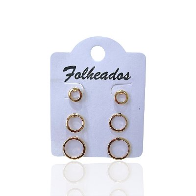 Trio Brincos Folheado Ouro 18k e Prata 925 Redondo