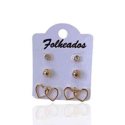 Trio Brincos Folheado Ouro 18k e Prata 925 Corações
