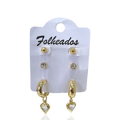 Trio Brincos Folheado Ouro 18k e Prata 925 Argola Coração