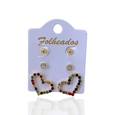 Trio Brincos Folheado Ouro 18k e Prata 925 Coração Vazado
