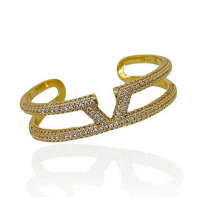 Bracelete Folheado Ouro 18k e Prata 925 Inspired V Cravejado