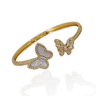 Bracelete Folheado Ouro 18k e Prata 925 Borboleta Madrepérola Cravejada