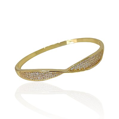 Bracelete Folheado Ouro 18k e Prata 925 Torcido Cravejado