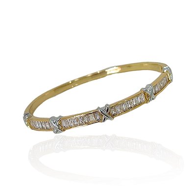 Bracelete Folheado Ouro 18k e Prata 925 Inspired X Dois Banhos Navetes Cravejado