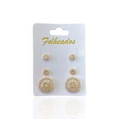 Trio Brincos Folheado Ouro 18k e Prata 925 mandala Cravejada