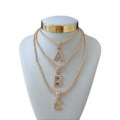 Colar Folheada Ouro 18k e Prata 925 Letra Inicial Cravejada Cordão Baiano