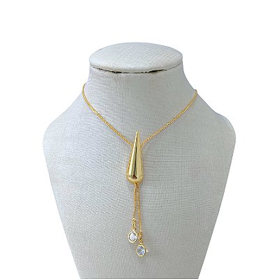 Colar Folheado Ouro 18k e Prata 925 Gravatinha Cristal Gota Comprida