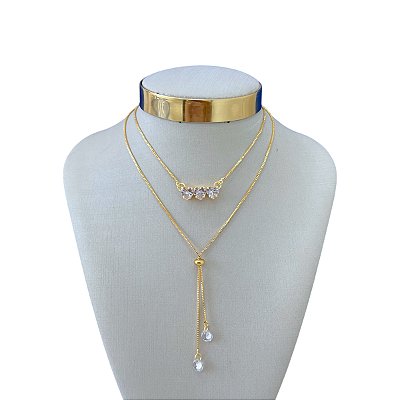 Colar Duplo Folheado Ouro 18k e Prata 925 Gravatinha Cristal Corações