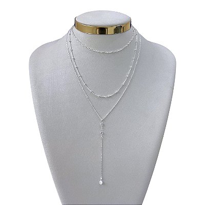 Colar Triplo Folheado Ouro 18k Gravatinha Cristais Bolinhas elos