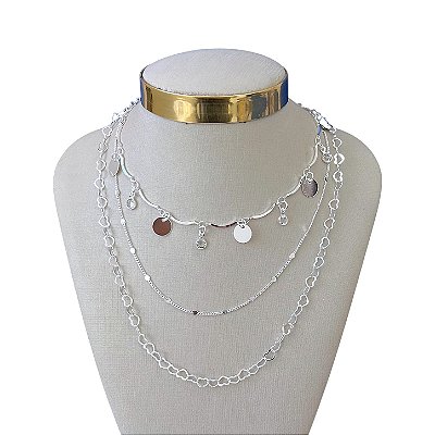 Colar Triplo Folheado Ouro 18k e Prata 925 Medalhas Elos Corações