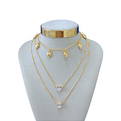 Colar Triplo Folheado Ouro 18k e Prata 925 Corações Ponto de Luz