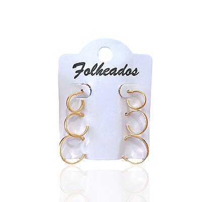 Trio Brincos Folheado Ouro 18k e Prata 925 Argolinhas