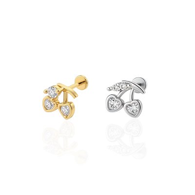 Piercing Aço Inoxidável Dourado e Prata Tragus Cereja Cravejada