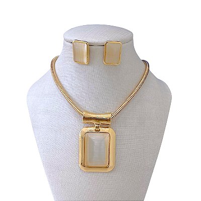 Conjunto Folheado Ouro 18k e Prata 925 Pedraria Quadrado Malha
